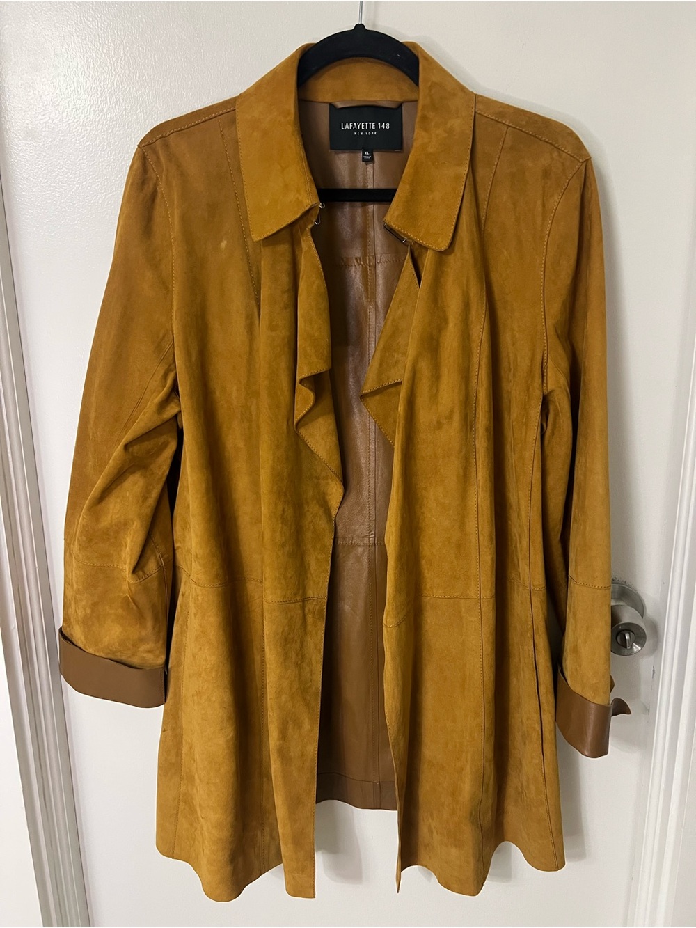 Lafayette 148 New York Mustard Leather Suede Open-Front Trench Coat Fall Jacket
